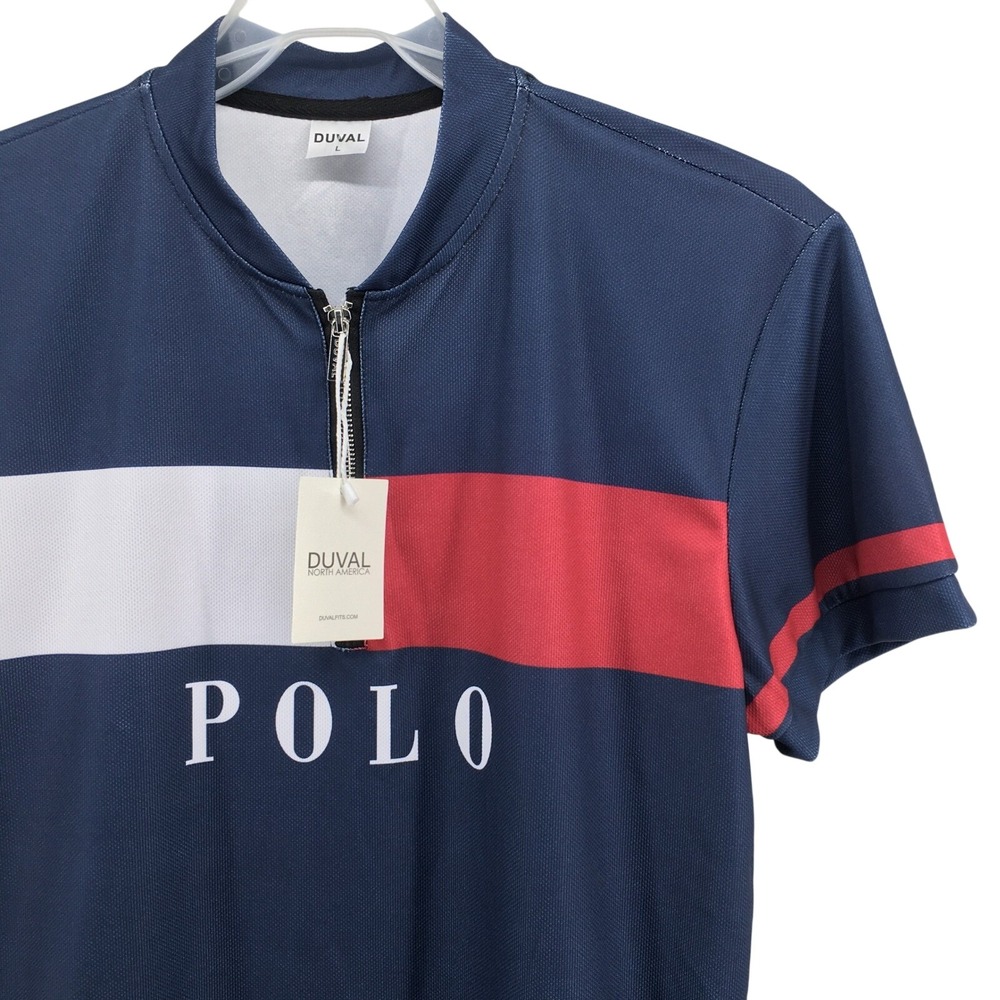 Duval Polo Shirt Mens Large Navy Blue Red White Colorblock Quarter Zip Short Slv